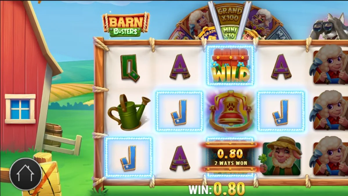 Tampilan visual slot Barn Busters dengan latar belakang peternakan pedesaan yang cerah.