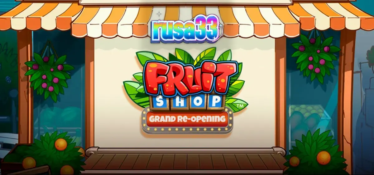 Tampilan visual cerah dan penuh warna dari slot Fruit Shop Grand Re-Opening dengan simbol buah-buahan segar.